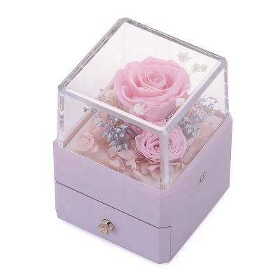 China Bestselling Flower+LED Light LED Lighted Jewelry Ring Boxes Acrylic Evergreen Flower Packaging Box Jewelry LED Running Light Ring Necklace Boxes for sale