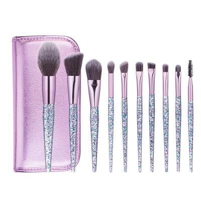 China Flat Brush 10pcs/set Crystal Quicksand Makeup Brushes Transparent With Purple PU Bag for sale