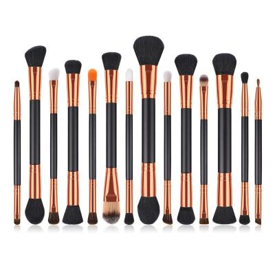 China Double Flat Brush 14pcs Two Side Head Gold Maquillaje Black Beauty Needs Makeup Brush Set for sale