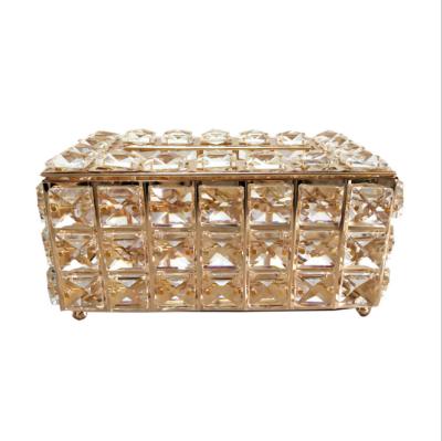 China Rectangle Handcrafted Elegant Metal Gold Tissue Electroplating Crystal Box Lid,Tissue Box Holders For Decor Home Cars for sale