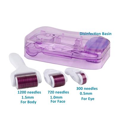 China High Quality Anti-Puffiness 4 In 1 Derma Roller Kit 300 720 1200 Needles For Eye Stretch Mark Removal With Desinfecting Basin for sale