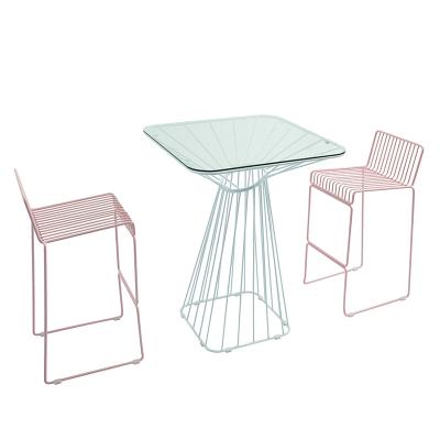 China Modern Garden Outside Glass Bar Table Furniture Metal Indoor High Counter Chair Stool Sets for sale