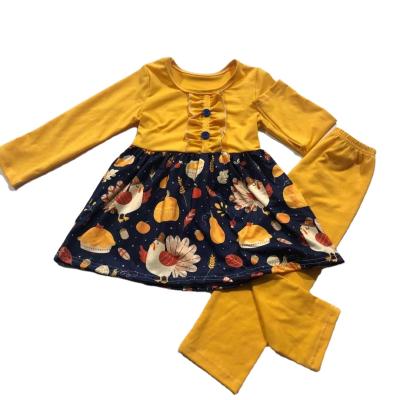 China Girl Casual Lace Fashion Yellow Dress Suit With Cute Button Pattern Design Skirt for sale