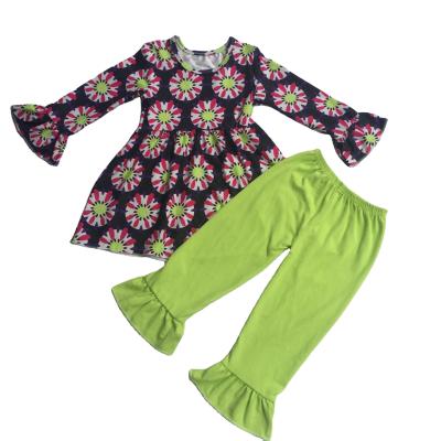 China Factory Price Casual Popular Design Infant Girls Spring Adorable Ruffle Floral Tunic Clothing Toddler Pants Boutique Spring Top Outfit for sale