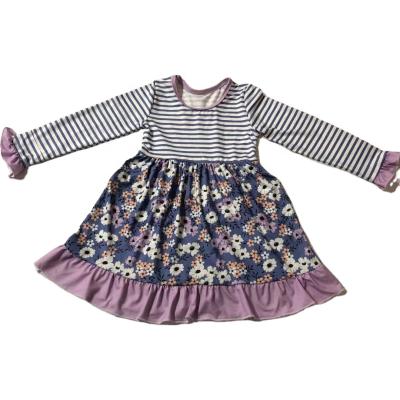 China 2022 New Design Spring Children's Wholesale Washable Round Neck Ruffle Floral With Beautiful Blue Stripe Dresses For Girls for sale