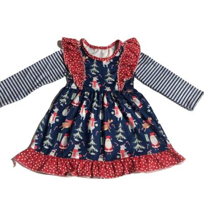 China Factory 2021 Washable Kids Ruffle Christmas Dress Kids Blue Stripe &Polka Dot Christmas Santa Print Lovely Dress for sale