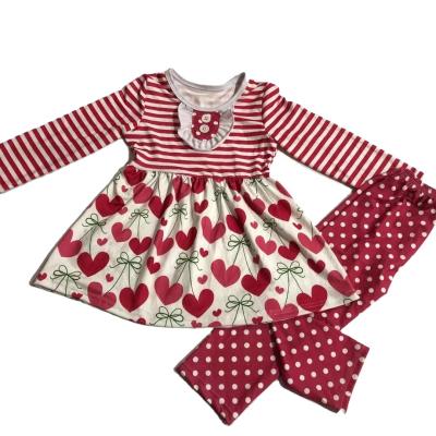 China Casual ready to ship spring children's valentine's day set lovely little girls heart print dress polka dot valentine upper &red outfit for sale