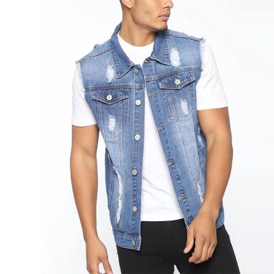 China New Fashion Summer Anti Shrink Blue Denim Washed Sleeveless Button Distressed Rip Vest Men for sale