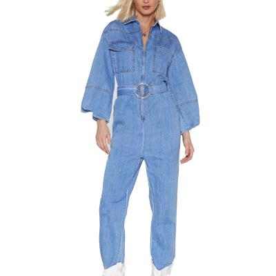 China 2019 Hot Sale Long Sleeve Breathable Blue Rompers For Women Tie Belted Casual Loose Washed Denim Overalls for sale