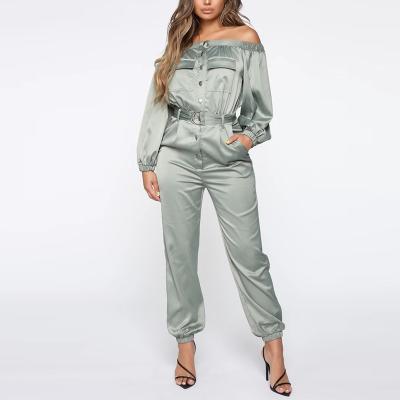 China New Style Anti-Static Satin Off Shoulder Balloon Sleeve Long Belt Casual Jumpsuit Jogger Leg Women for sale