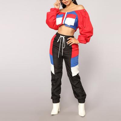 China Anti-UV Flying Fabric Off The Shoulder Colorblock Tracksuit Two Piece Set Women for sale