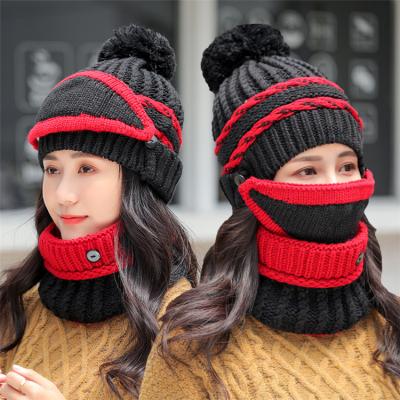 China Short 3 Piece Winter Knit Matching Beanie Hats Mask Scarf Neck Warmer Set High Quality Women's Cold Weather Accessory Bobble Hats for sale