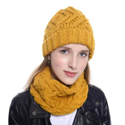 China Fleece striped beani and gloves 2pcs in one set lady winter cable knit slouchy skullcap crochet pattern hood hat for sale