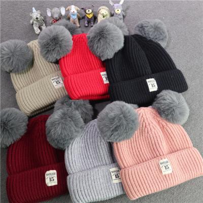 China Autumn winter striped kids pom pom beanie hat baby winter hat by double ball identifies 15 warm knit hat for sale