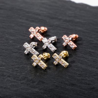 China Real 925 Sterling Silver Cross Zirconia Earring Hiphop Hip Hop Stud Earrings for sale