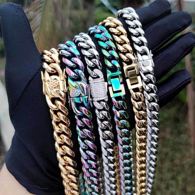 China Hiphop 12mm Width Stainless Steel Cuban Link Chain Bracelet With Brass Ice Out Spring Buckle for sale