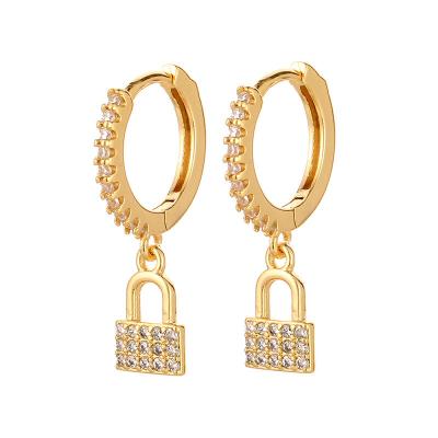 China Never Allergic And Lose To Fade Cute 18k Gold Ladies Jewelry Full Zircon Lock Dangle Earrings for sale