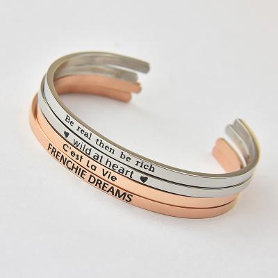 China Never Allergic And Lose To Fade Custom Engraved 3.5mm Width Stainless Steel Cuff Bracelet Women Men for sale