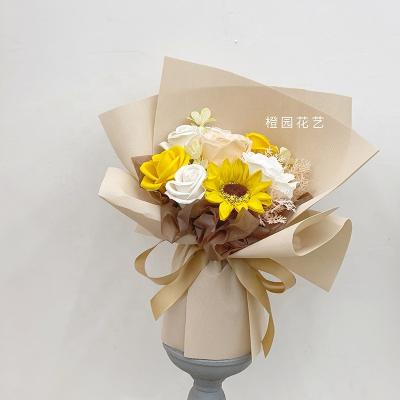 China Custom Made Environmentally Friendly Long & Kept Artificial Soap Flower Bouquet Rose Peony Carnation Mother's Day Gift Box Sunflower Decorative Bouquets for sale