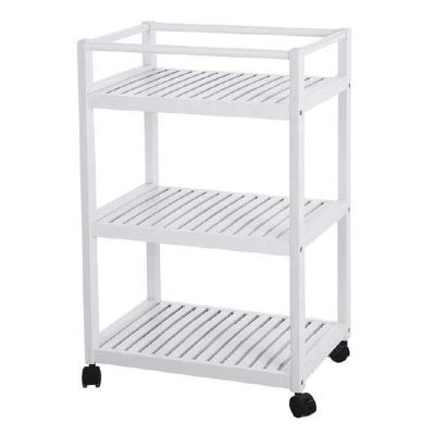 China Modern Minimalist Three Tier White Rack Storage Kitchen Bathroom Wooden Rolling Cart for sale