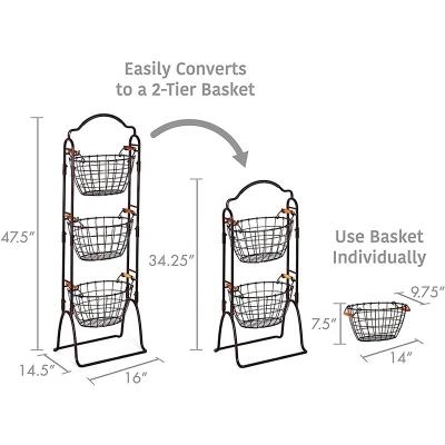 China Black Kitchen Living Room Basket 2-Tier Fruit Vegetable Storage Organizer Hanging Detachable Detachable Fruit Basket for sale