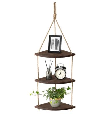 China Adjustable Wooden Wall Shelf 3 Tier (Other) Jute Rope Storage Rack Floating Shelf for sale