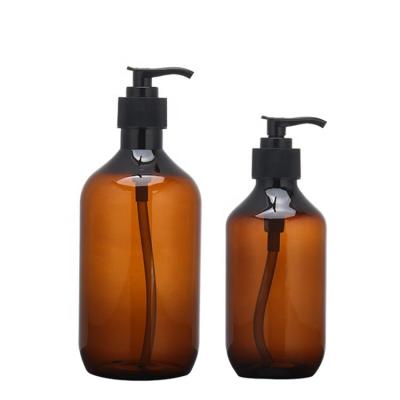 China 300ml 500ml Cosmetic Amber Plastic Round Pet Container Lotion Pump Bottles Empty Shampoo Packaging Bottle for sale