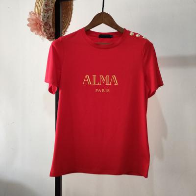 China Luxury European and American Sleeve Shorts Cotton Letters Gilt Button Gold Shoulder Anti-wrinkle T-shirt for Lovers for sale