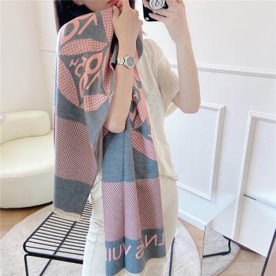 China Newest Imitation Cashmere Scarf Women's Scarf Autumn/Winter Five-Leaf Grass Letters Warm Winter Fashion Air Conditioning Shawl Women Long for sale