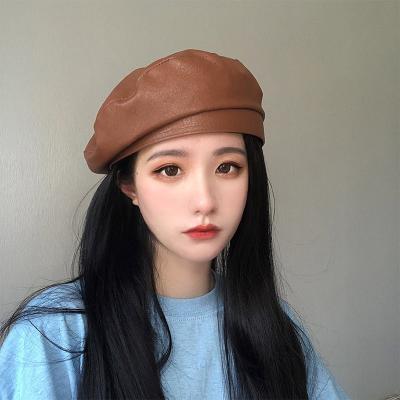 China PU formal leather hat for women autumn and winter European and American casual beret cap painter hat leather fashion for sale