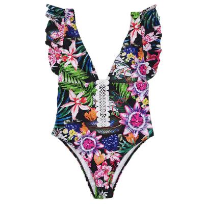 China Plus Size Women's Backless One Piece Lace High Waist Printed Deep V Strap Ruffled Swimsuit, Ruffle Swimsuit Swim Monokini for sale