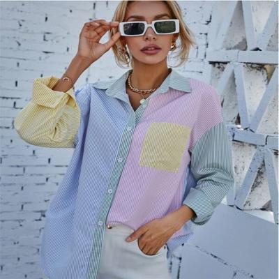 China 2022 Anti-pilling Lapel Print Colorblock Drop Shoulder Striped Blouse Women Straight Blue Shirt Long Sleeve Cardigan for sale