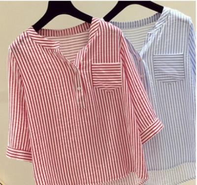 China Plus Size Korean Loose Vertical V-Neck Striped Anti-pilling Chiffon Shirt, Outfitspro Shirts And Blouses Women's Blouse Tops for sale