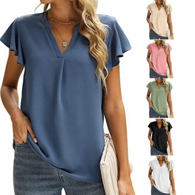 China Anti-pilling 2022 Women's V-Neckline Flight Sheath Solid Color Chiffon Casual Short Sleeve Shirt for sale