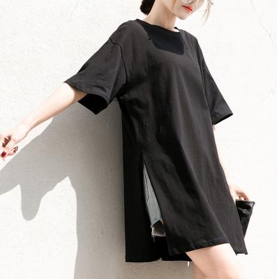 China New Korean Version Anti-wrinkle Women's Short Sleeve T-shirt Tops, Mid Length Large Size Loose Plus Edge Split Tee for sale