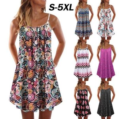 China QUICK DRY floral print summer sleeveless knee length dress dresses ladies loose casual spaghetti tie dress plus size for sale