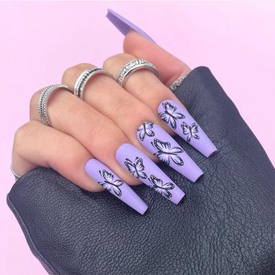 China Easy Apply Tender Products 2022 New Arrivals Press On French Hand Made Designer Ballerina Coffin Nail Wrapping Purple Glitter Nail Tips for sale