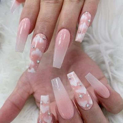 China Easy Apply Ballerina False Nails 2022 French Nude White Diamond Long Coffin Press On Nail Tips 24pcs Manicure For Women Girl for sale