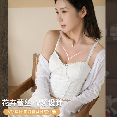 China Wholesale French Ruffle Women's Summer Lace Breathable Camisole No Ring With Chest Pad Girl Steel Bottoming Shirt Tank Top for sale