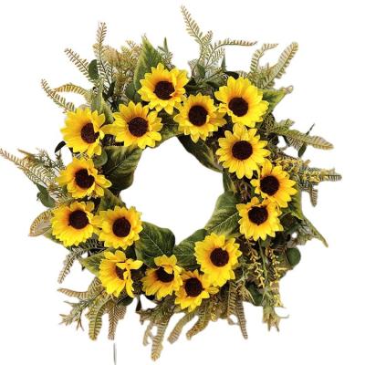 China Indoor Outdoor Artificial Yellow Green Leaf Sunflower Wreath Summer Decoration Decorative Wreath On Front Entrance Interior Wall for sale