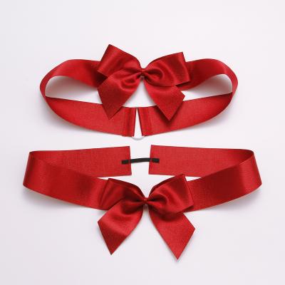 China Luster Wholesale Pre-made High Quality Polyester Gift Package Ribbon Bow With Elastic Binding for sale