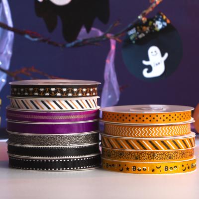 China Viable Three Color Ink Printed Halloween Ribbon Bundle Small Bundle Set Spiderweb Pumpkin Ghost Web Pattern Ribbon for sale