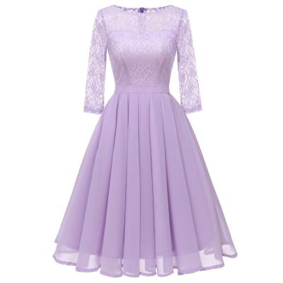 China Breathable Summer Women Dresses Fashionable New 3/4 Sleeve Lace Chiffon Women Dress Patchwork Ruched Dress For Evening Party for sale