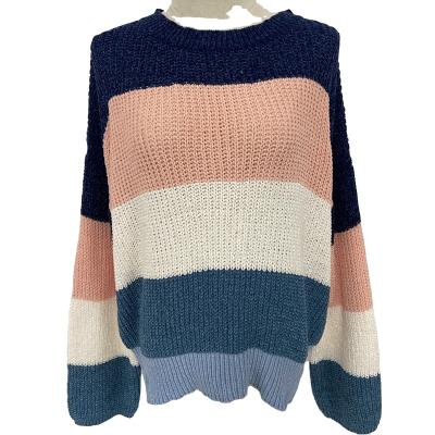 China Soft 2022 Newest OEM Round Neck Long Sleeve Knitwear Fabrics Ladies Stripe Sweater Pullover Sweater for sale