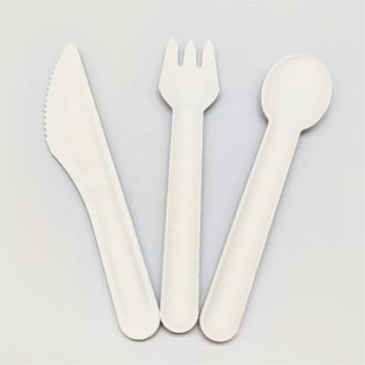 China Chinese Disposable Biodegradable Pulp Cutlery Bagasse Lunch/Dinner Sugar Cane Soup Table Fork Knife Spoon for sale