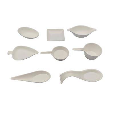 China Disposable Biodegradable Bagasse Pulp Dinner Small Bagasse Food Tray Dish Bowl Spoon Tableware For Taster Appetizer for sale