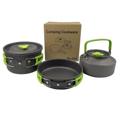 China Outdoor portable camping gas cooker pot set tea kettle cookware set for 2-3 people 3 piece kettle pot set for sale