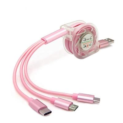 China Promotional Mobile Phone Gifts OEM Logo 3 In 1 Multi Colors Retractable Charging Cable Mobile Phone Chargers For Android Type C i6 i7 V8 for sale