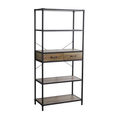 China Metal Fame Custom Design Antique Wood Metal Frame 5 Tier Bookcase Shelf With 2 Drawers For Living Room for sale