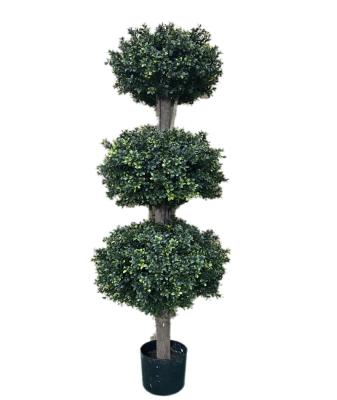 China PLASTICS + WOODEN TRUCKS + CEMENT Artificial Topiary Boxwood Triple Ball in Wooden Truck with UV Protected Black Plastic Pot Outdoor and Indoor Plant for sale